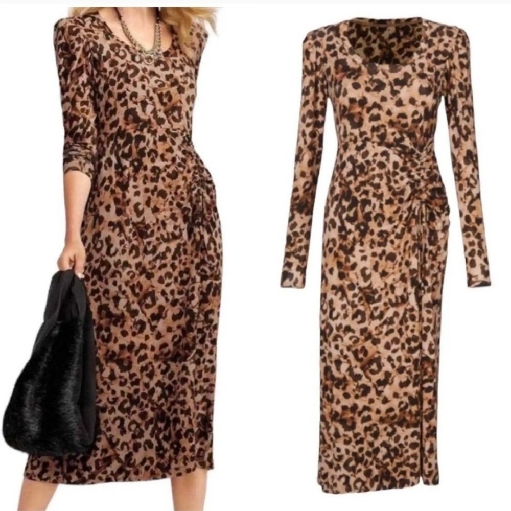Cabi Selma maxi dress leopard print rouched waist dress sz medium